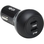 Tripp Lite by Eaton Dual-Port USB-C Car Charger with 45W PD Charging - USB-C (27W), USB-C (18W), Black - 12 V DC Input - 5 V DC/3 A, 9 V DC Output - Black - TAA Compliance